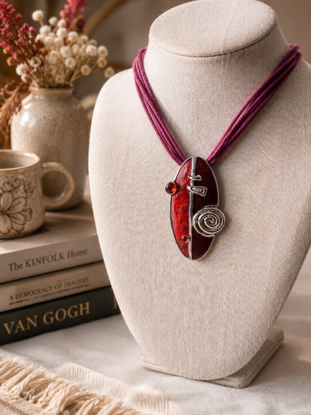 Red Statement Pendant Necklace on Multi-Strand Cord